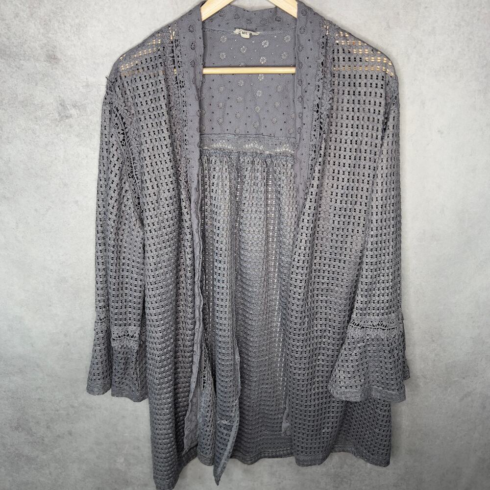 POL Gray Crochet Boho Floral Open Cardigan Size M/L